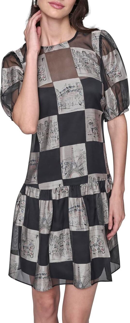 Karl Lagerfeld Women Puff Sleeve Graphic Burnout A-line Dress Black Size 12 3789